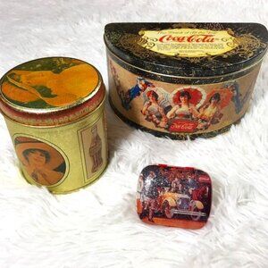 Set of 3 Vintage Coca-Cola Nostalgia Lady w/Hat & Umbrellas + Mini Mint Tin Set